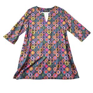 Lesley Evers 1X Retro Multicolor Geometric Floral Split Neck Shift Dress Pockets